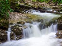 Breite Bachkaskade und querliegender Baumstamm